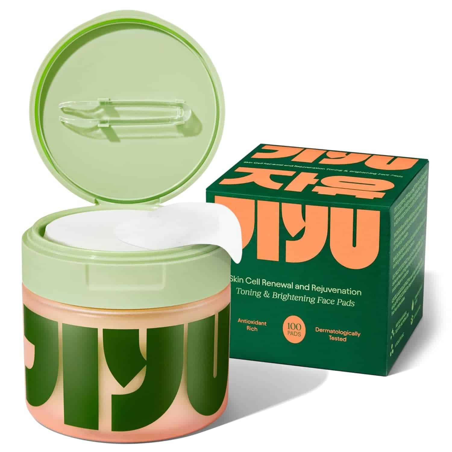 A green and orange container of PIYU Toning & Brightening Face Pads with the lid open, showing a pad, next to its matching product box.