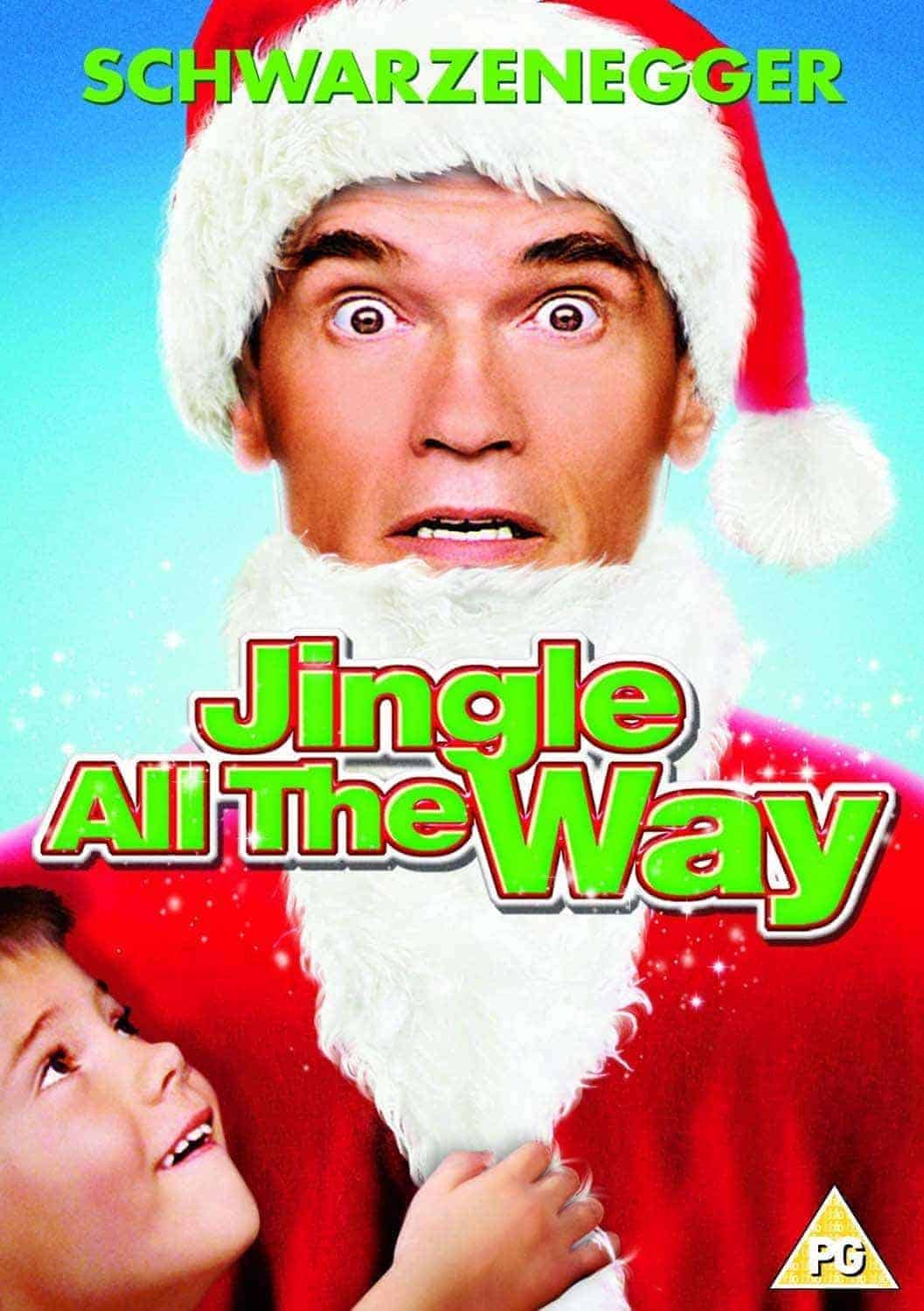 A man in a Santa suit with a surprised expression stands behind a child who is looking up at him; the text reads "Jingle All The Way.