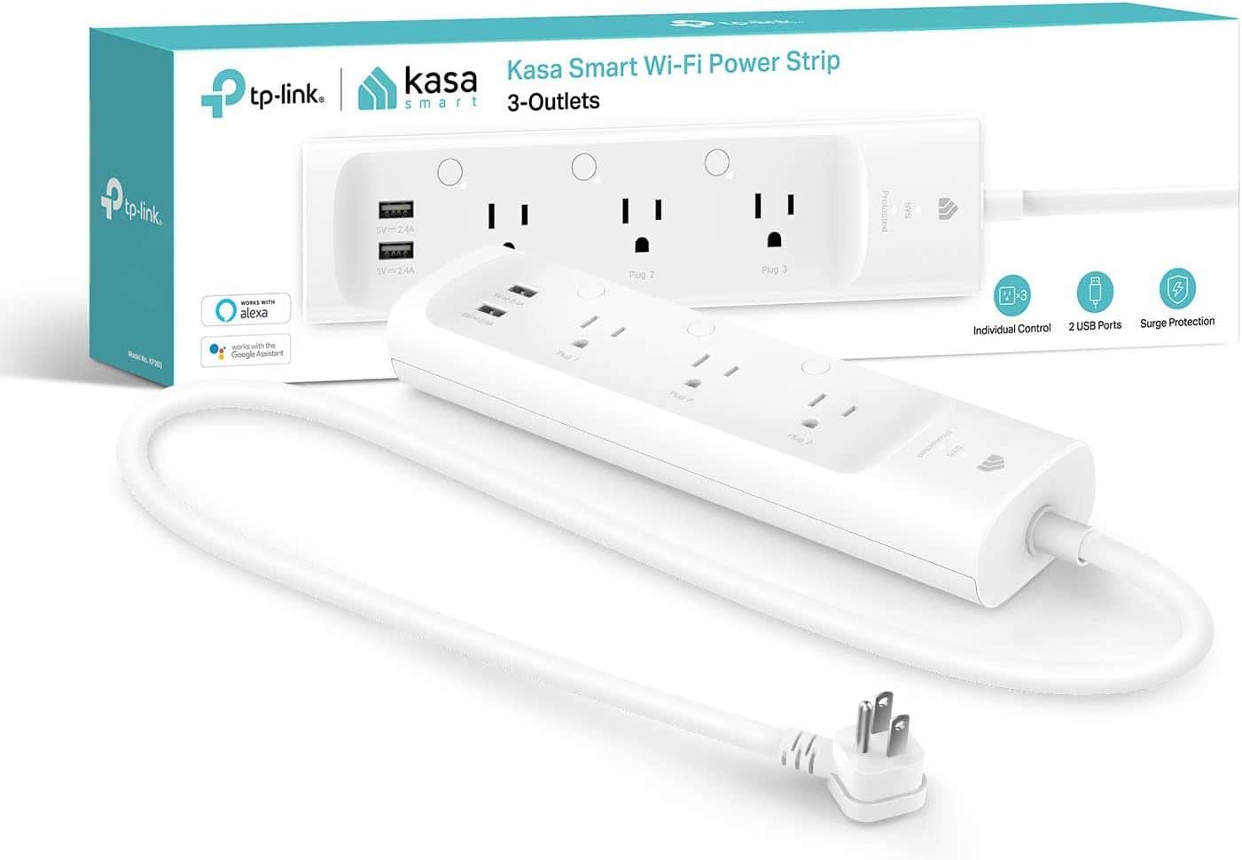 A TP-Link Kasa Smart Wi-Fi Power Strip with three outlets, two USB ports, and a white power cord is shown in front of its packaging box.
