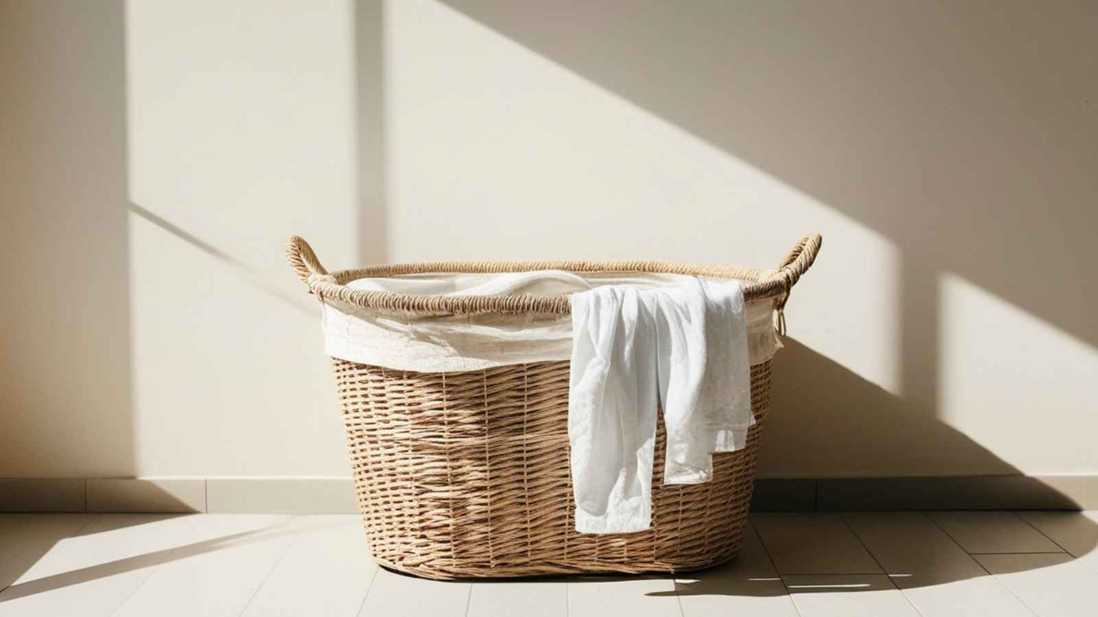 Wicker laundry basket with a light cloth liner and a white shirt draped over the edge, sitting on a tiled floor in sunlight.