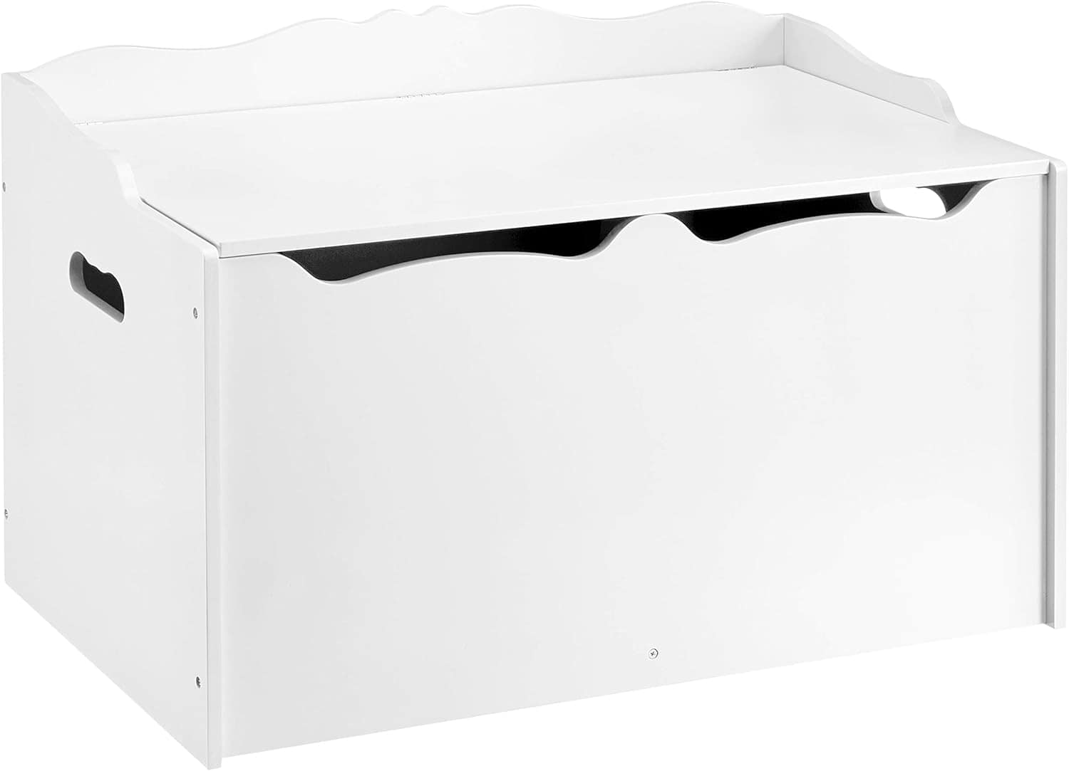 White wooden storage chest with a hinged lid, scalloped edges, and side handles, designed for storing items such as toys or linens.