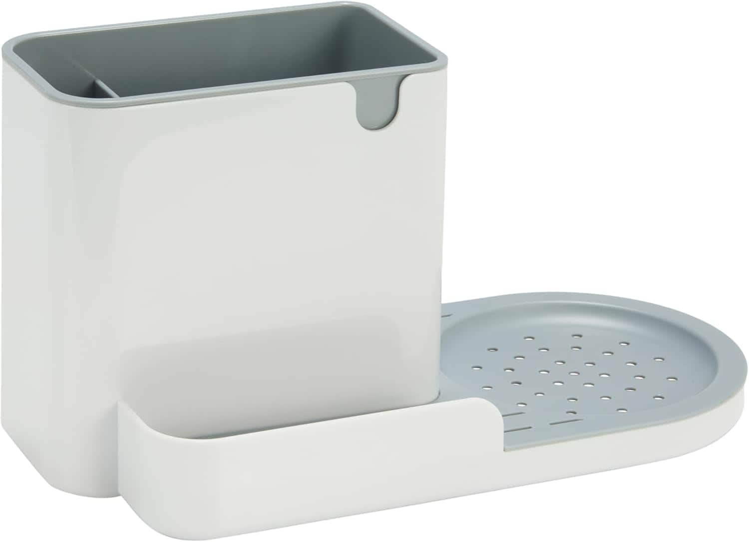 A white and gray plastic kitchen utensil holder with compartments and a perforated tray for drainage.