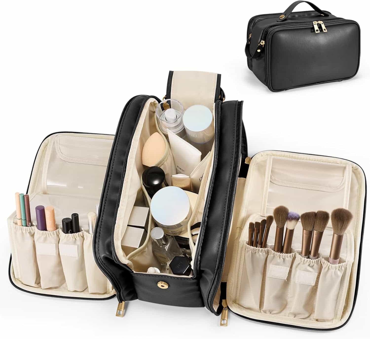 Black makeup bag unzipped to show organized compartments with brushes, bottles, and makeup items; a closed view of the bag is shown in the corner.