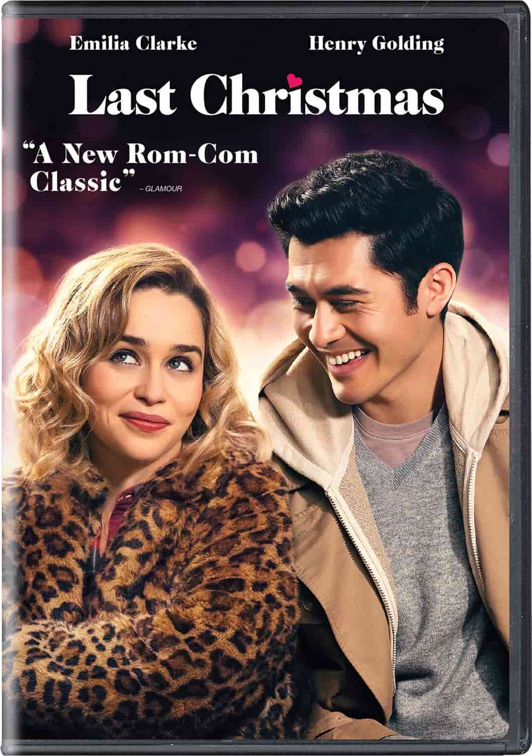 DVD cover for the movie "Last Christmas," featuring Emilia Clarke and Henry Golding smiling in front of a blurred, festive background with the tagline "A New Rom-Com Classic.