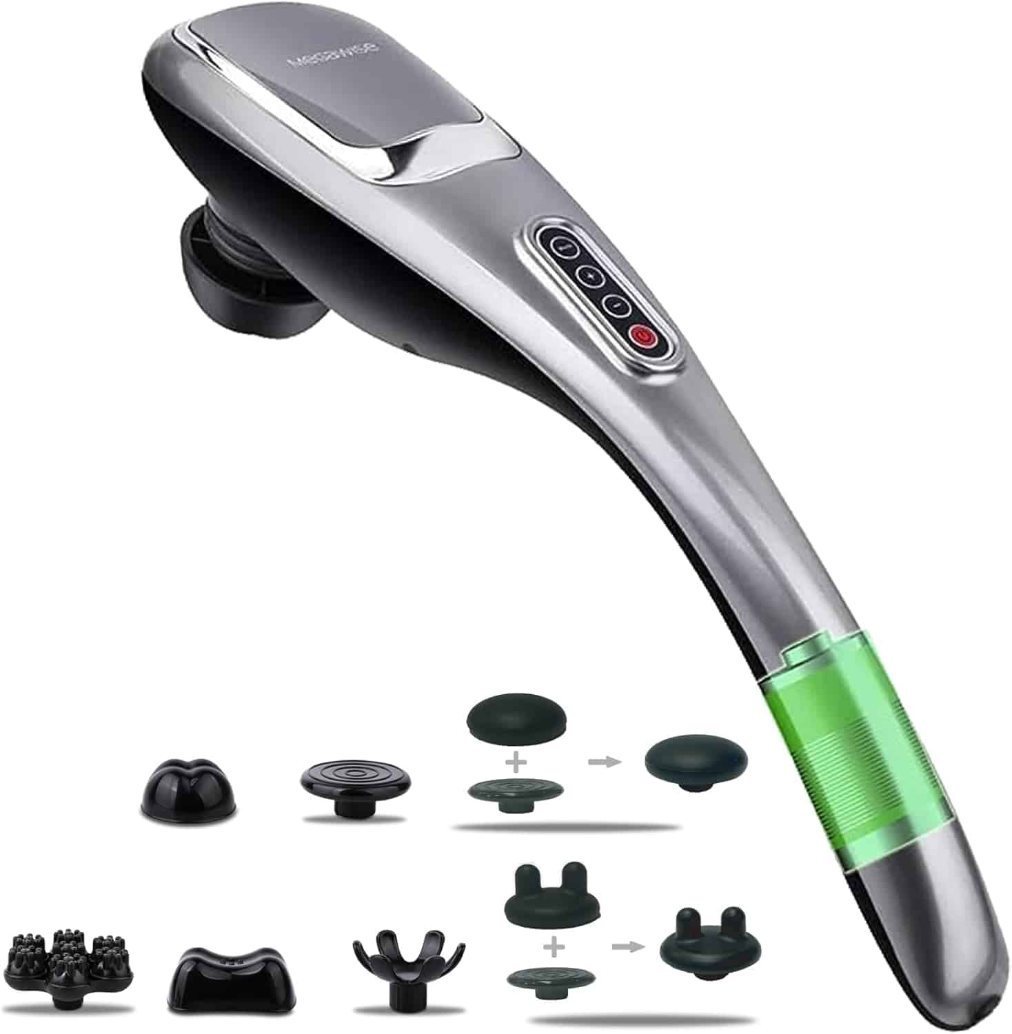 Handheld electric massager with a green accent, digital controls, and multiple interchangeable massage head attachments shown below.