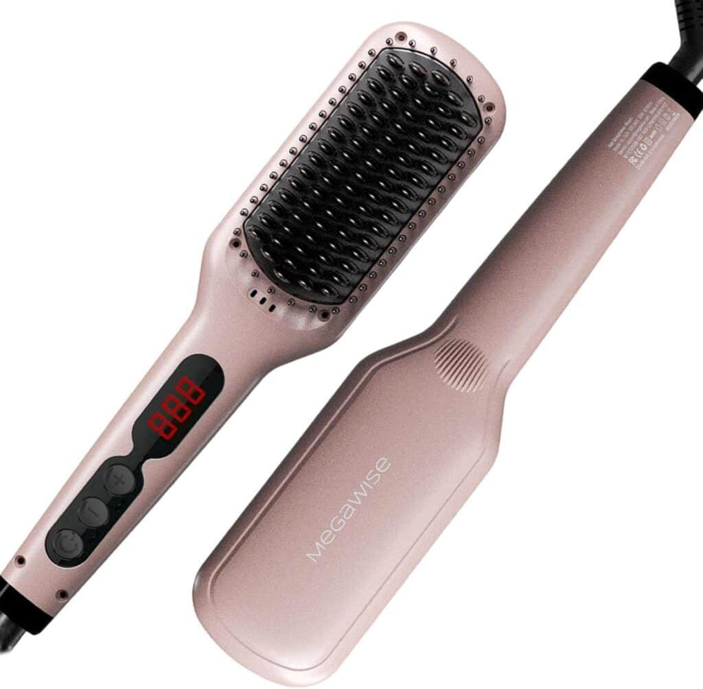 A pink MegaWise electric hair straightening brush with a digital display and control buttons, shown with and without the protective cover.