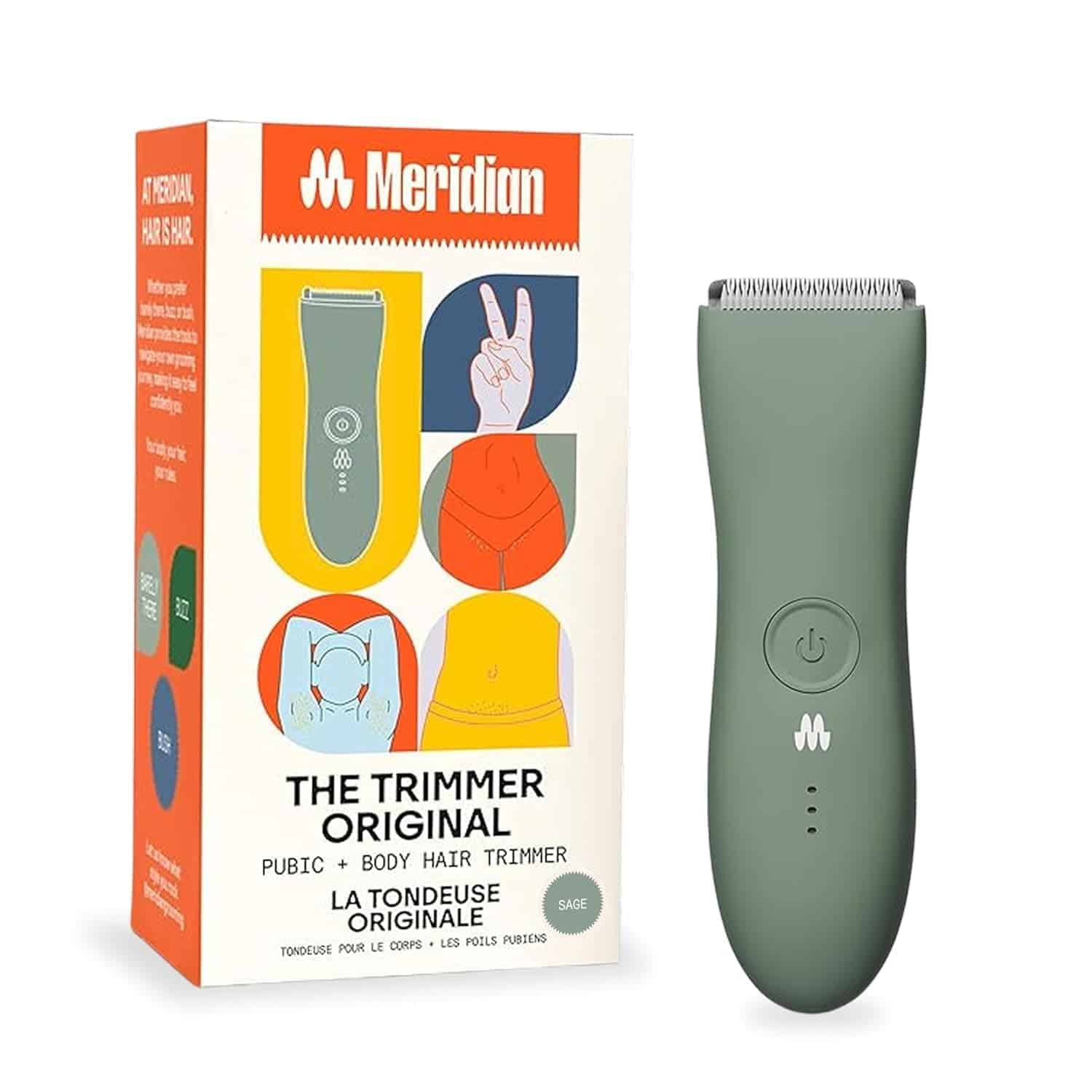 A Meridian Trimmer Original device in sage color is shown next to its packaging, which features illustrations and product information for body and pubic hair trimming.