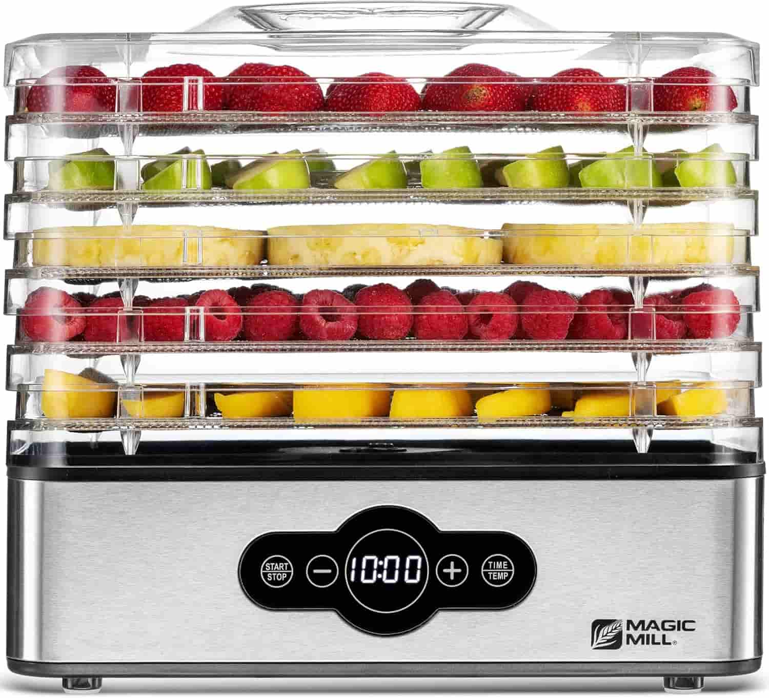 A food dehydrator with five trays filled with sliced strawberries, apples, pineapples, raspberries, and lemons; digital control panel displayed at the front.