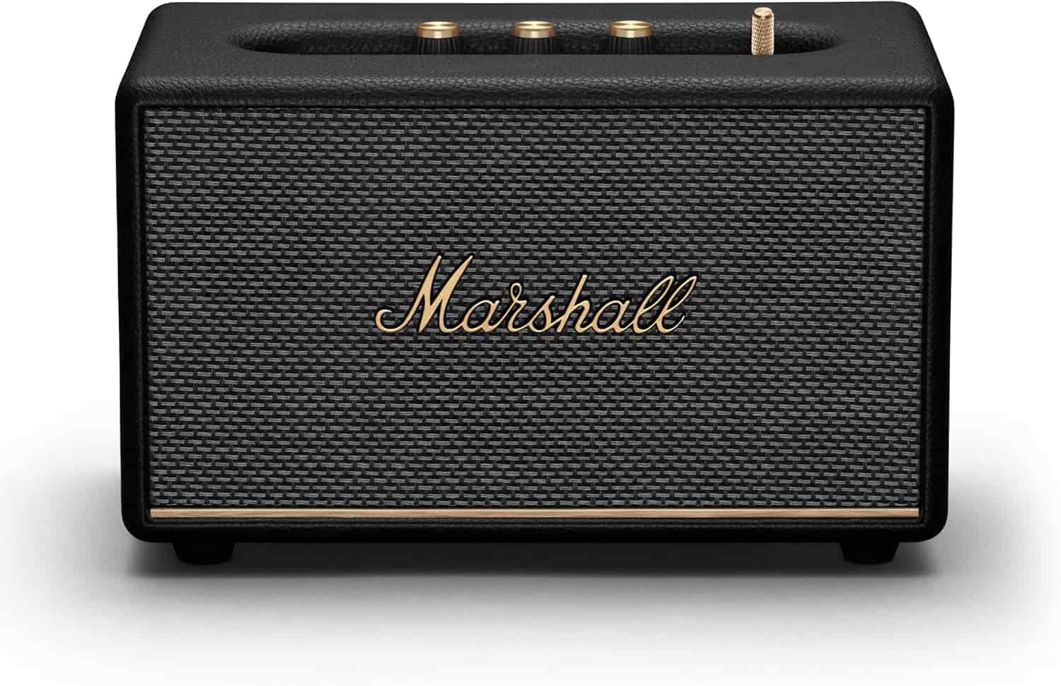 A black Marshall Bluetooth speaker with a gold logo, three control knobs, and a toggle switch on top, set against a plain white background.