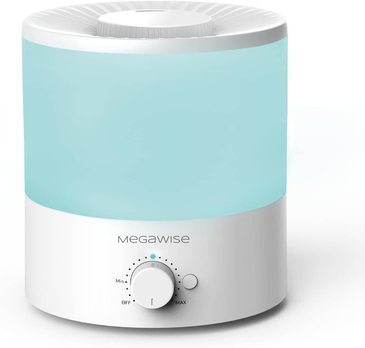 A white and blue Megawise humidifier with a control dial on the front displays settings from off to max.