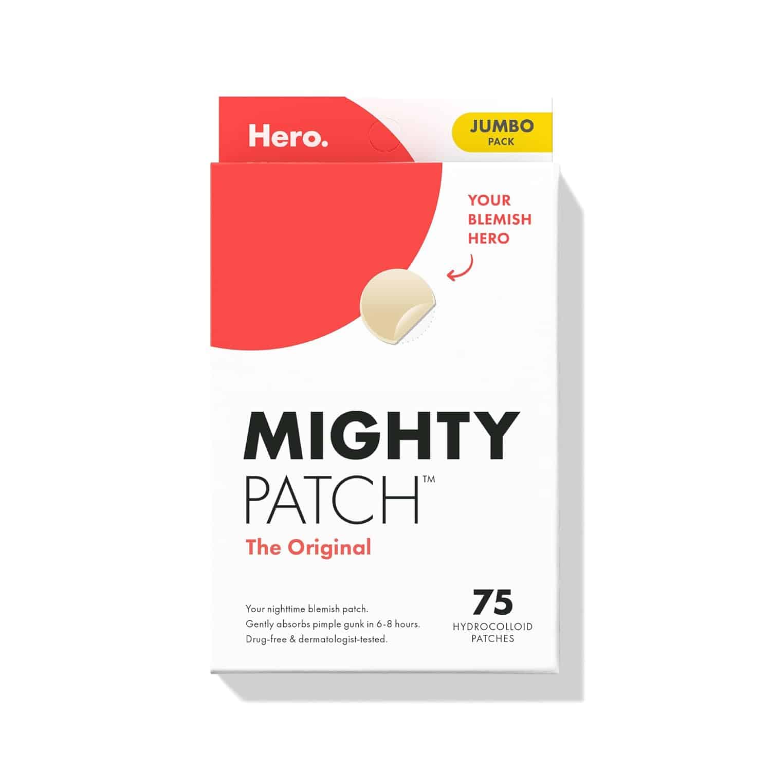 Front view of a box of Hero Mighty Patch The Original, containing 75 hydrocolloid patches for pimples. The box features red and white colors with product details.
