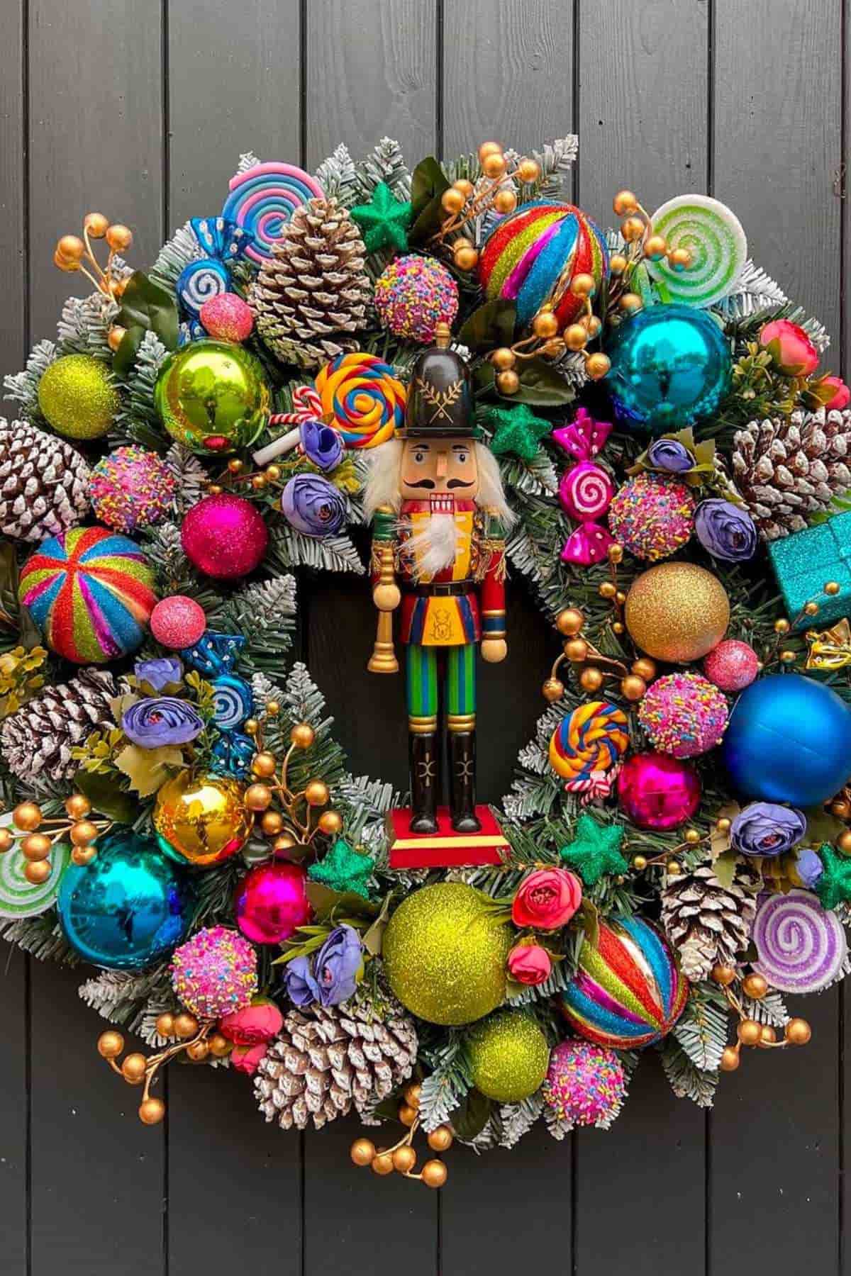 A colorful wreath decorated with bright ornaments, pinecones, and candy-themed decorations, featuring a nutcracker figure in the center, hangs on a dark wood background.