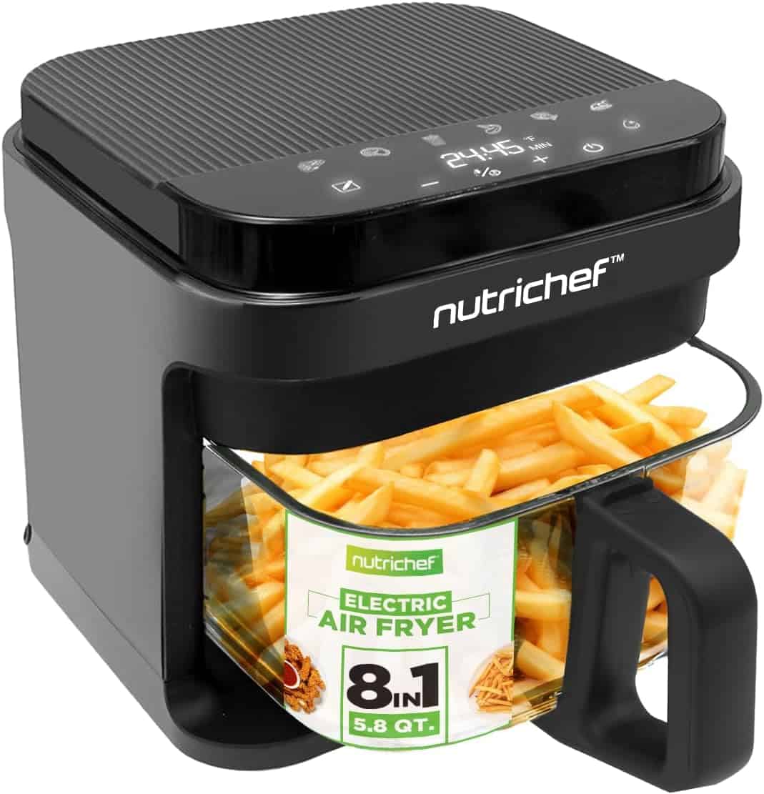 A Nutrichef electric air fryer with digital controls, filled with uncooked French fries in a glass basket. The label indicates it is an 8-in-1, 5.8-quart model.