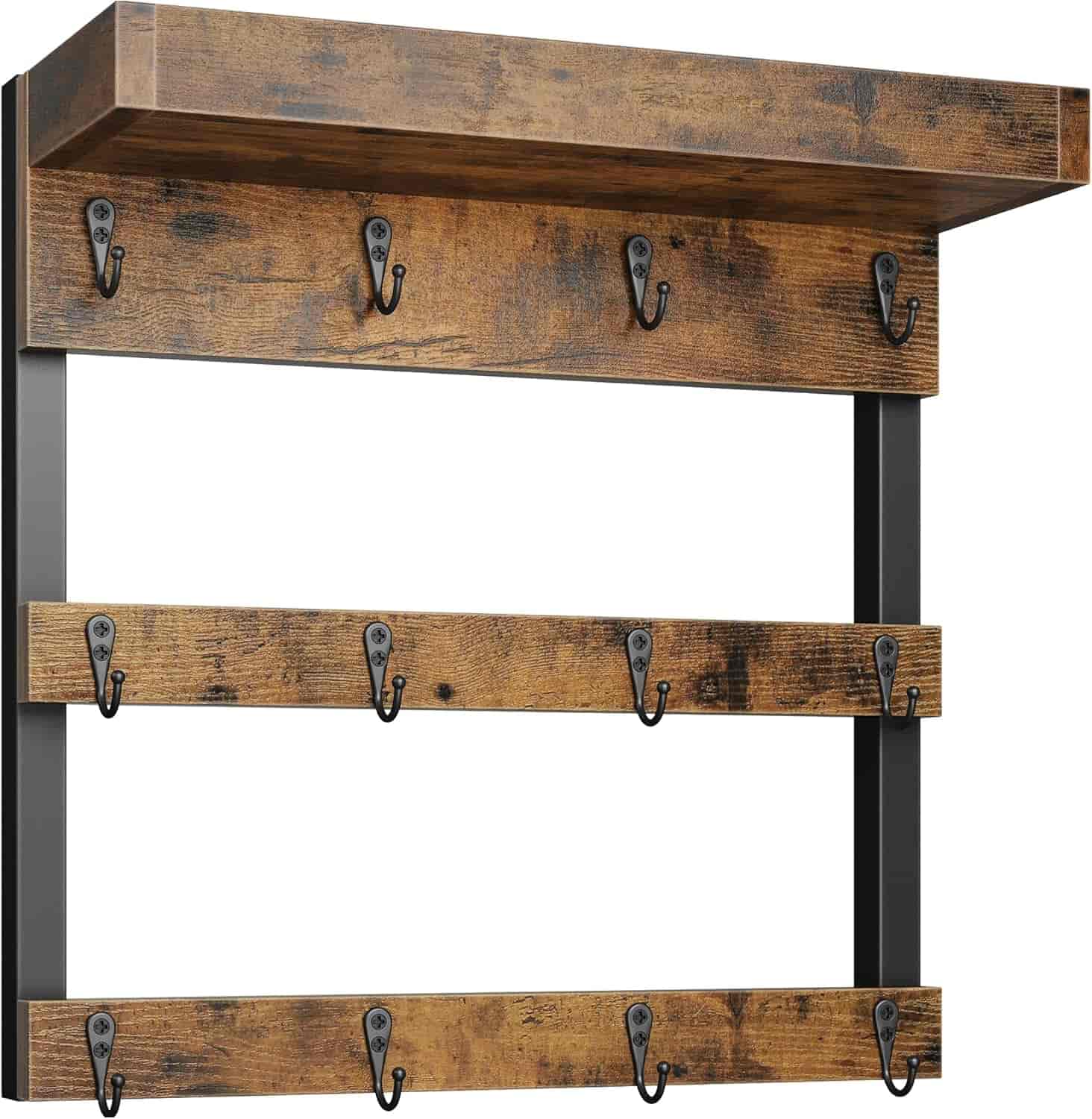 Wall-mounted wooden coat rack with three rows of metal hooks and a top shelf, featuring a rustic brown finish and black metal supports.