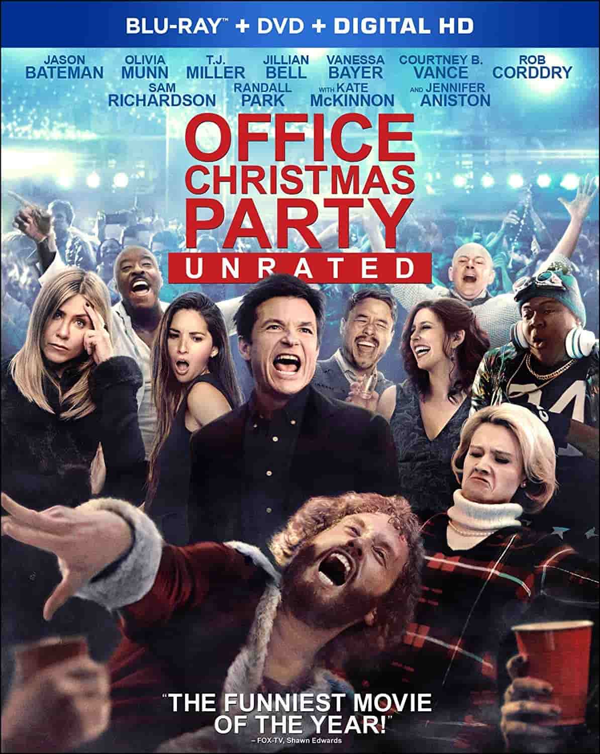 Movie poster for "Office Christmas Party" featuring a group of people at a chaotic office party, with cast names listed above and the title in bold letters at the center.