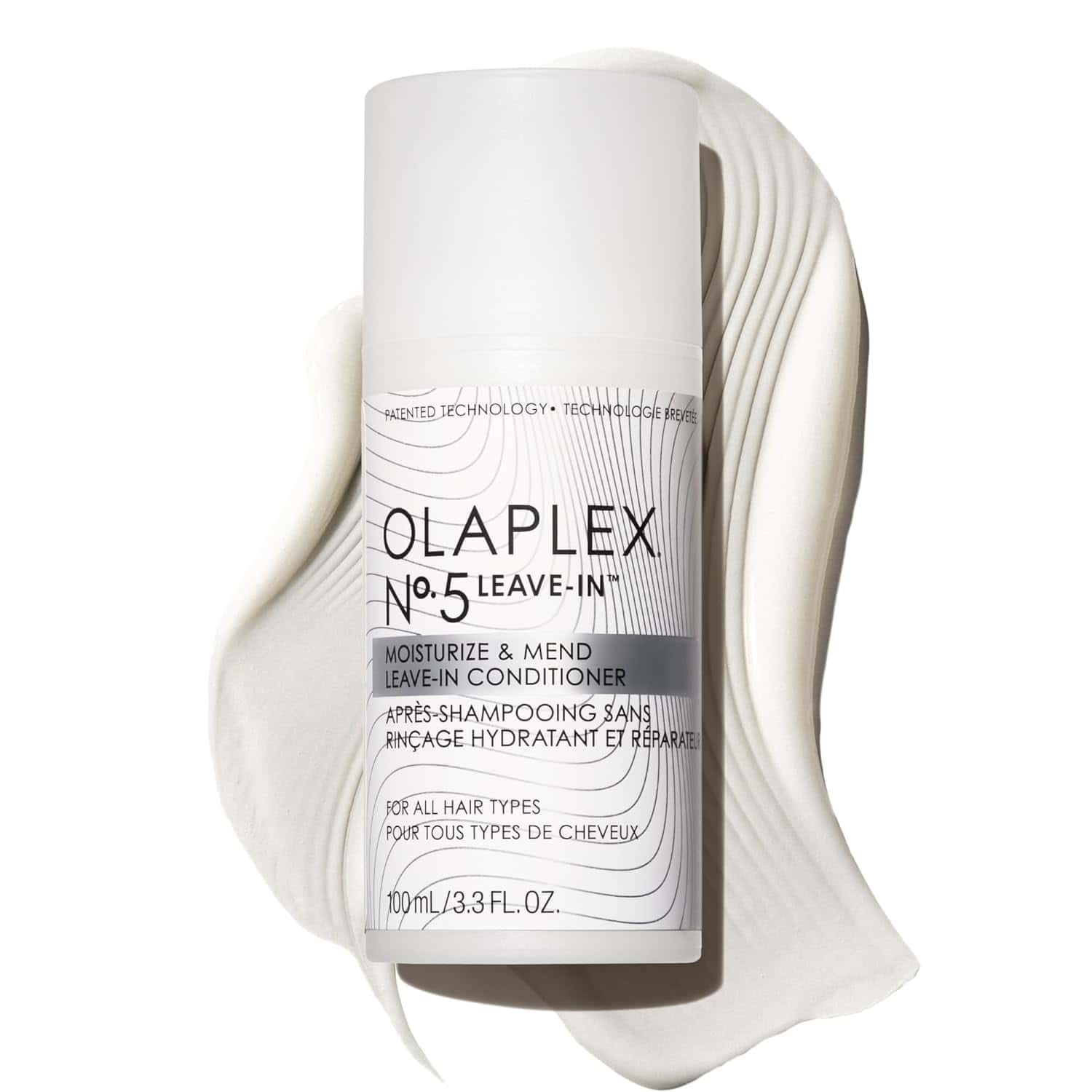 Olaplex No. 5 Leave-In Moisturize & Mend Leave-In Conditioner bottle on a white textured cream background.