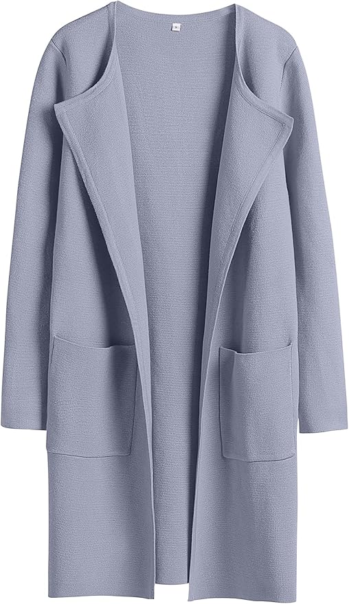 Light blue open-front long cardigan with two front pockets, long sleeves, and a relaxed fit, displayed on a white background.
