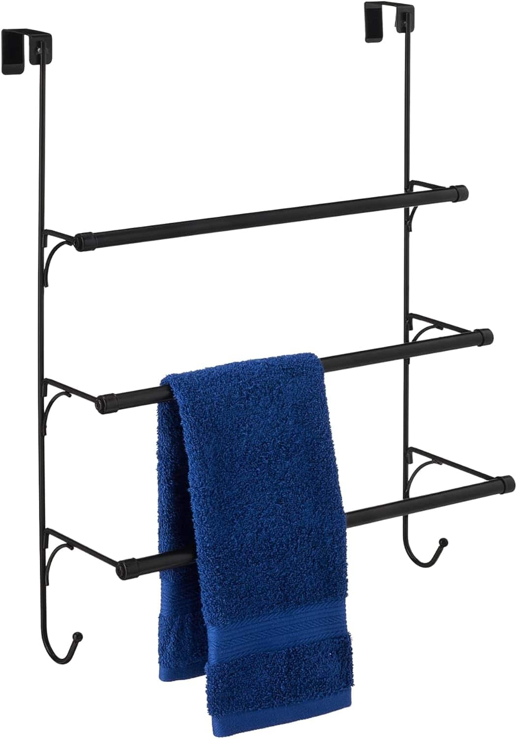 Black metal over-the-door towel rack with three bars and two hooks, holding a folded blue towel on the middle bar.
