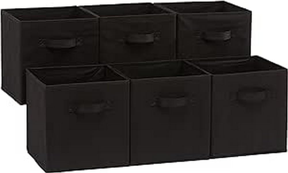 Six black fabric storage cubes with handles are arranged in two rows of three.