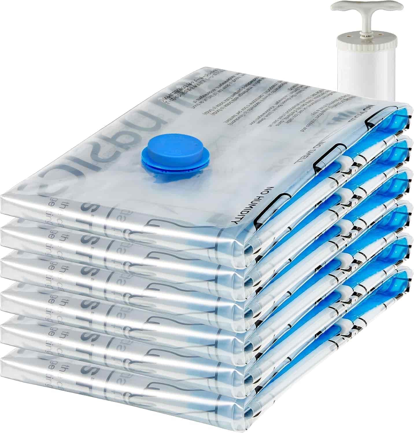 A stack of six clear vacuum storage bags with blue valves is shown next to a white hand pump.