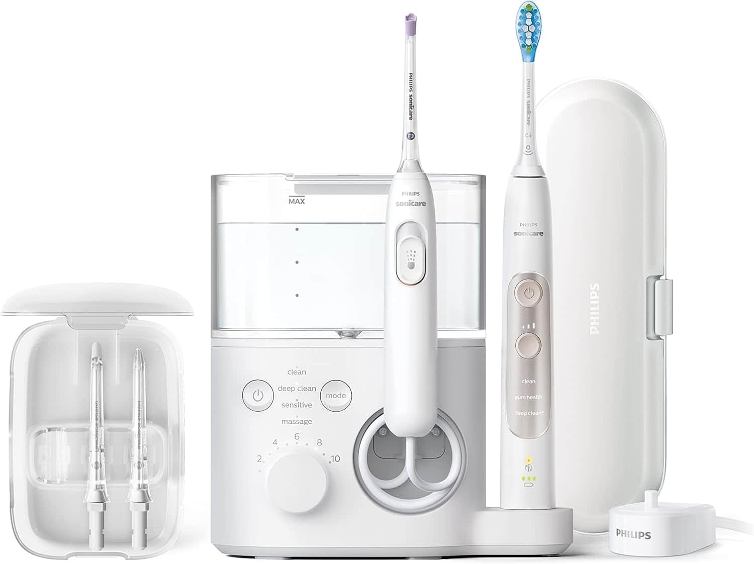 A Philips Sonicare oral care set featuring two electric toothbrushes, a water flosser with tank, a portable case, a charging base, and accessories.
