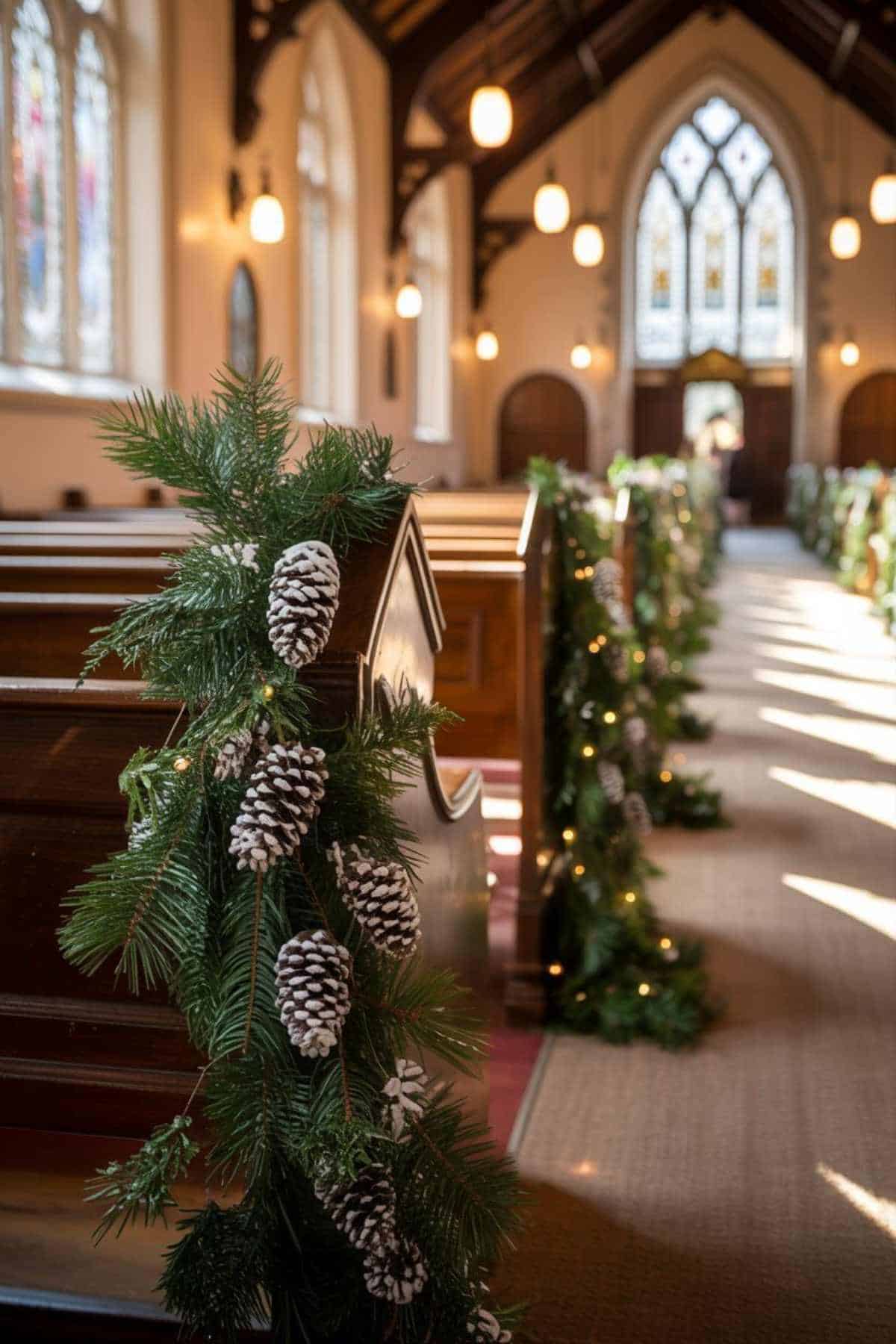 A church aisle decorated with pinecone and evergreen garlands on pews, illuminated by natural light and hanging lamps.