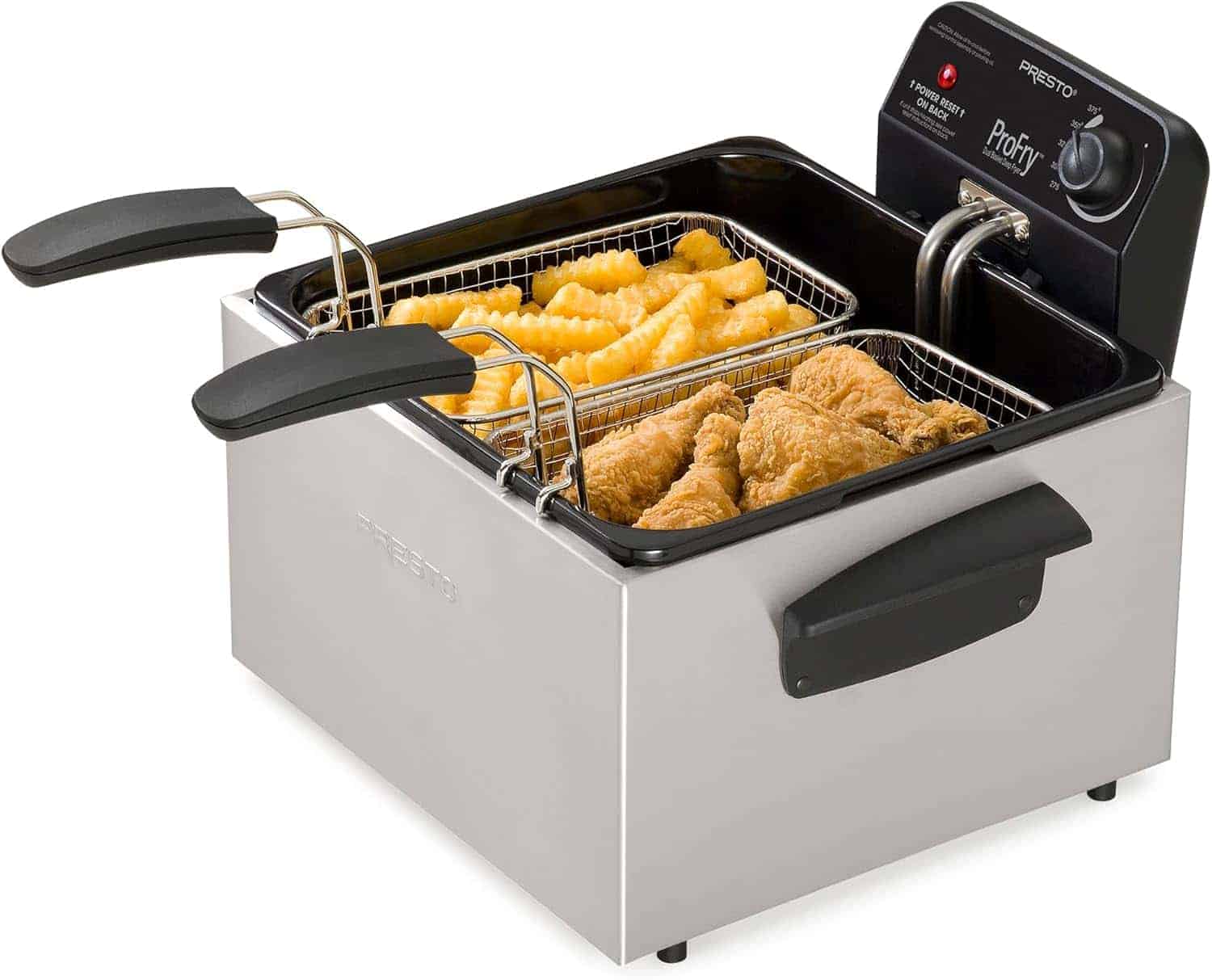 A stainless steel deep fryer with two baskets, one holding crinkle-cut fries and the other holding fried chicken.