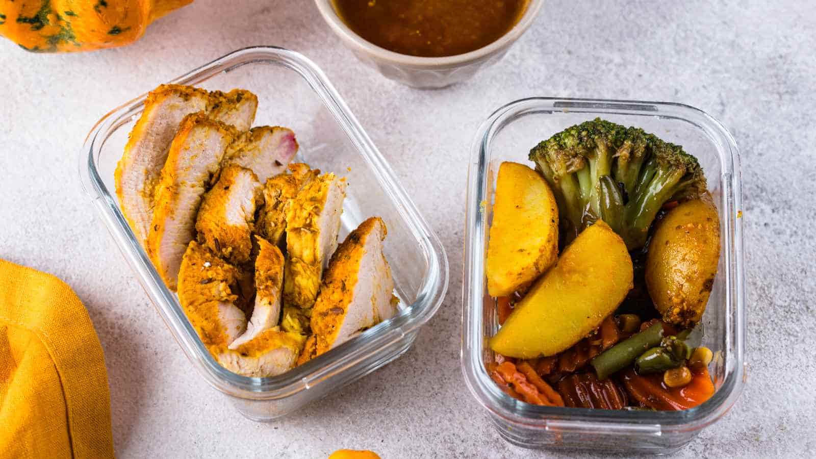 Glass containers with sliced roasted turkey breast in one, and cooked potatoes, broccoli, and mixed vegetables in sauce in the other, on a light surface. A small bowl of sauce is in the background.