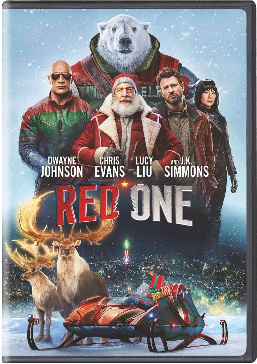 Movie poster for "Red One" featuring Dwayne Johnson, Chris Evans, Lucy Liu, J.K. Simmons, a polar bear, reindeer, and a sleigh with presents in a snowy setting.
