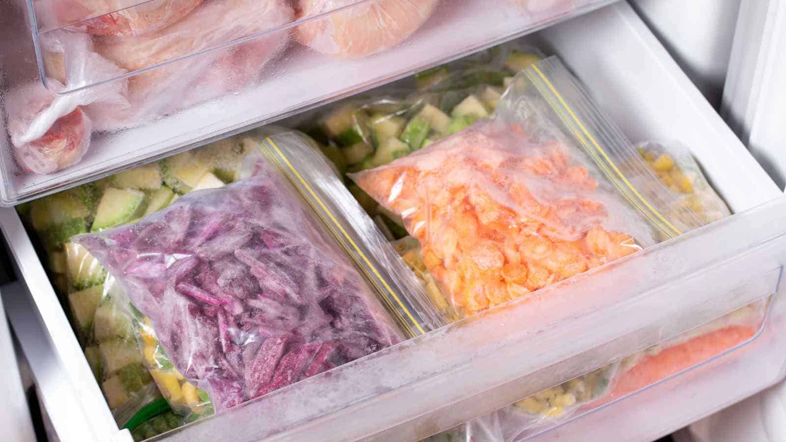Plastic freezer bags containing frozen vegetables are stored in a freezer drawer, with other frozen food items visible in the background.