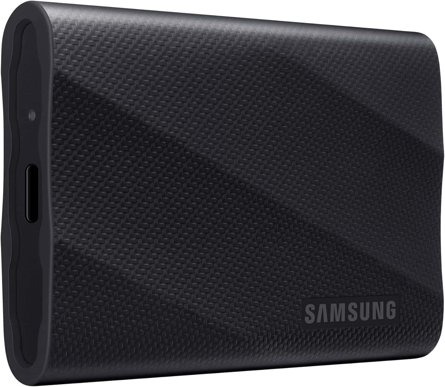 A black Samsung external solid-state drive with a textured surface and a USB-C port on the side.