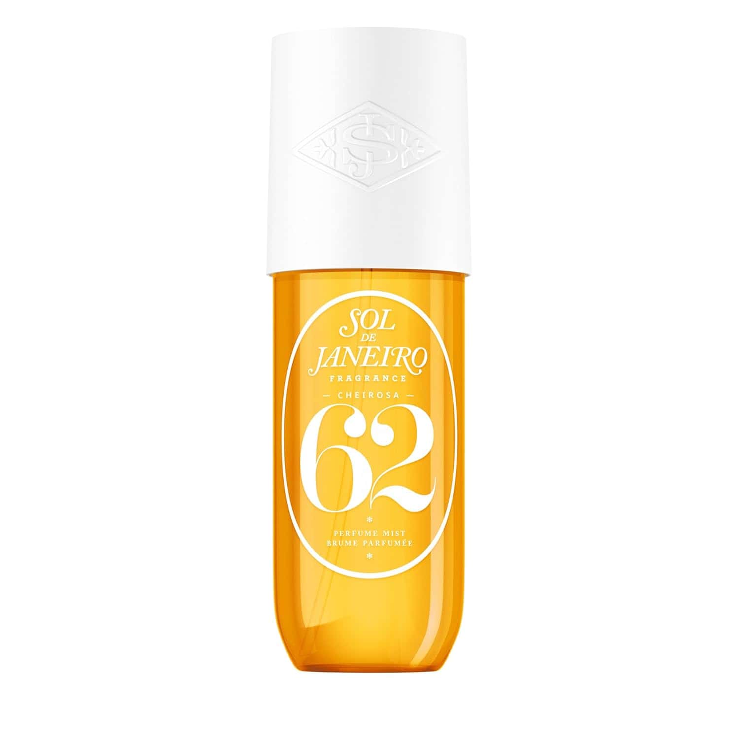 A yellow bottle of Sol de Janeiro Cheirosa 62 fragrance mist with a white cap and white label displaying the product name and number.