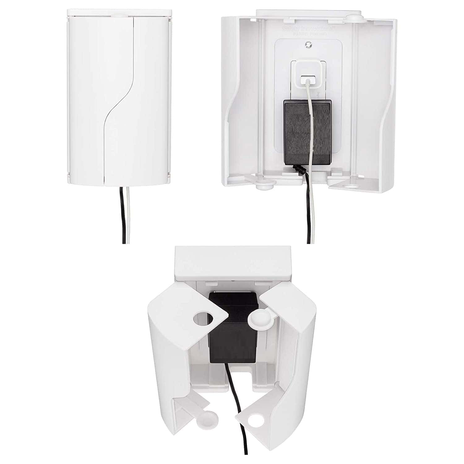 Three views of a white plastic wall-mounted box with a power adapter and cable inside, showing the front closed, back open, and bottom angles.