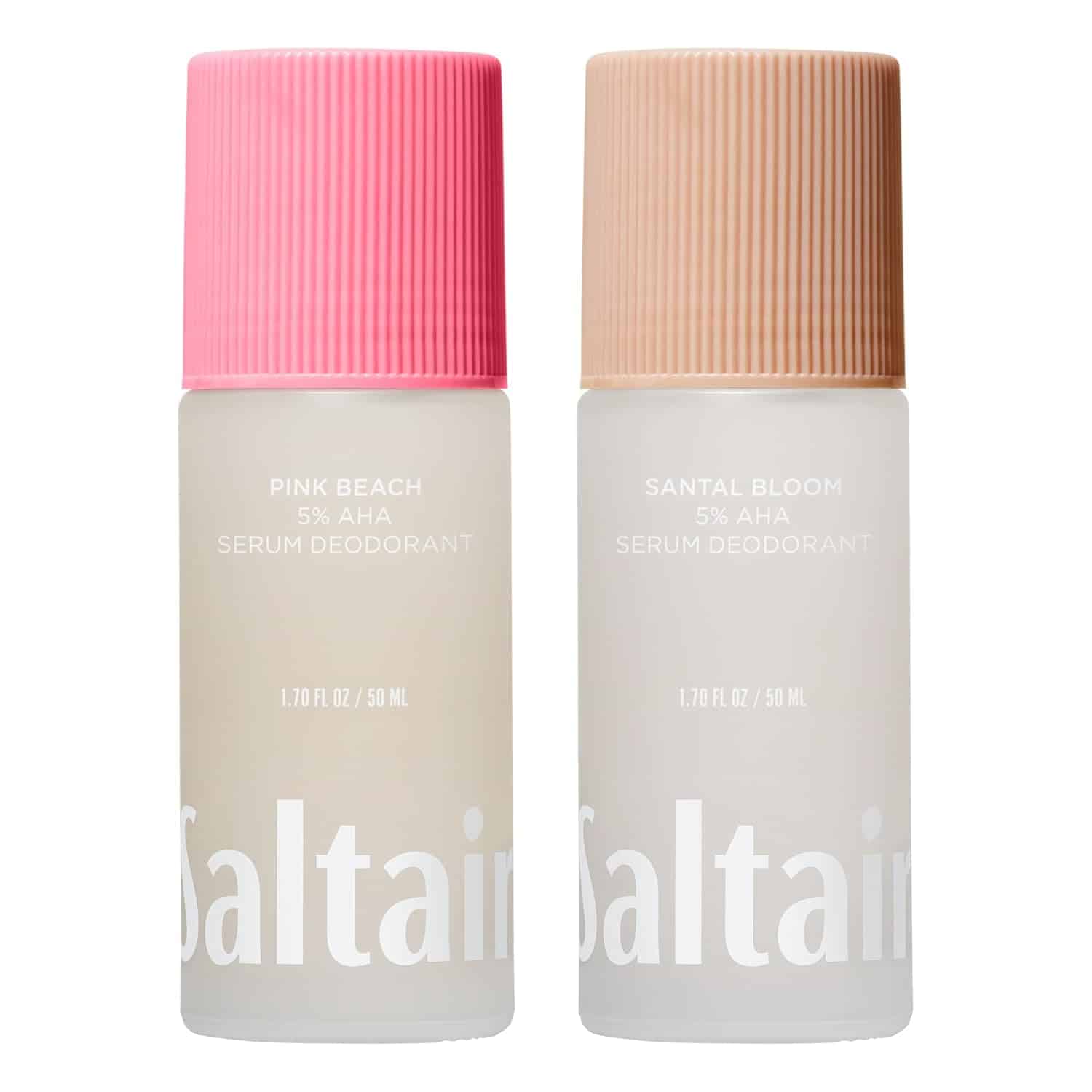 Two bottles of Saltair serum deodorant, one labeled "Pink Beach" with a pink cap and one labeled "Santal Bloom" with a beige cap, each containing 1.7 fl oz (50 ml).