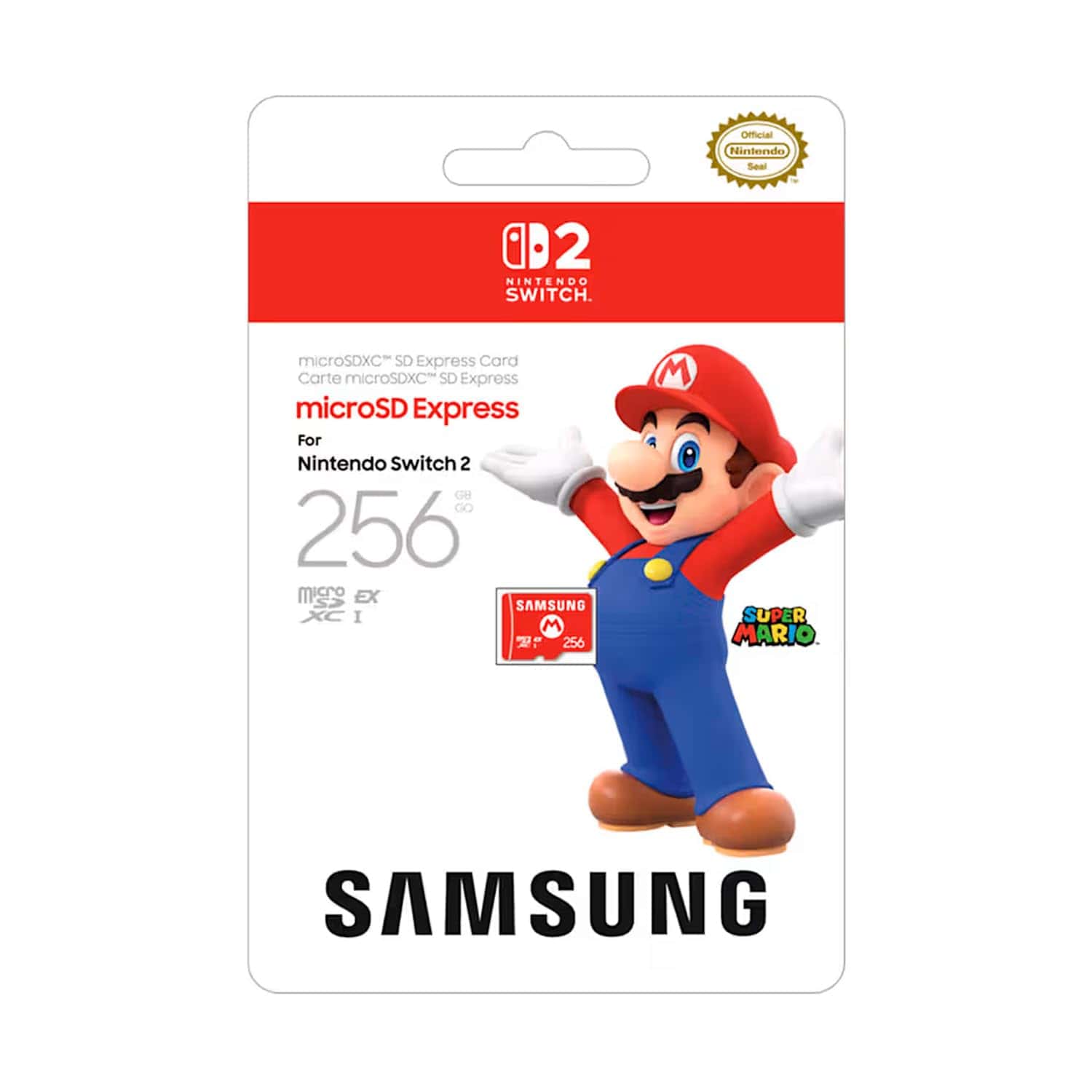 A packaged Samsung 256GB microSD Express card for Nintendo Switch, featuring an image of Mario from Super Mario on the front.