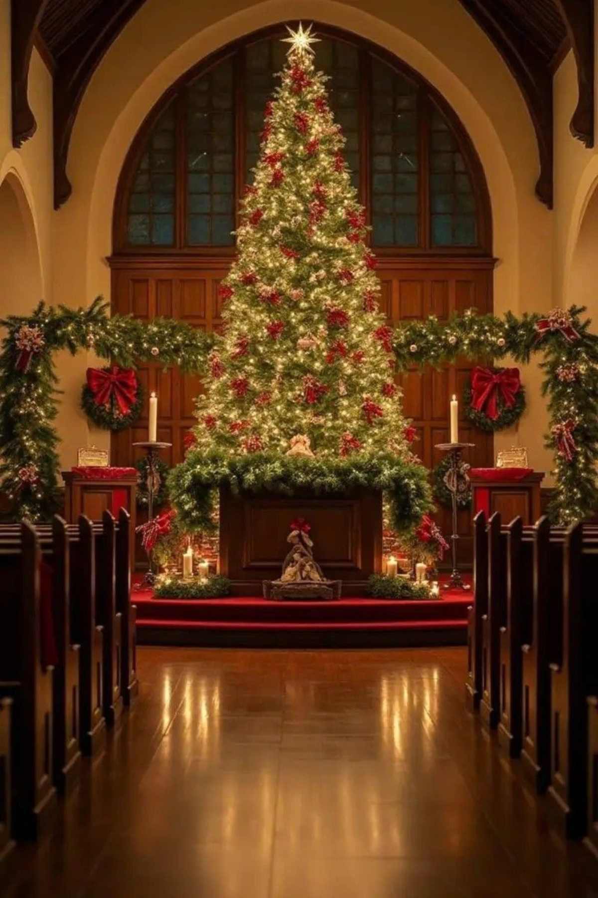 A large, decorated Christmas tree stands at the front of a church sanctuary, surrounded by garlands, candles, and festive red bows.