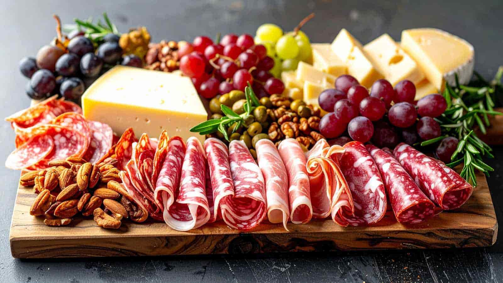 A wooden charcuterie board with assorted cured meats, cheeses, grapes, nuts, and olives, arranged neatly for serving.