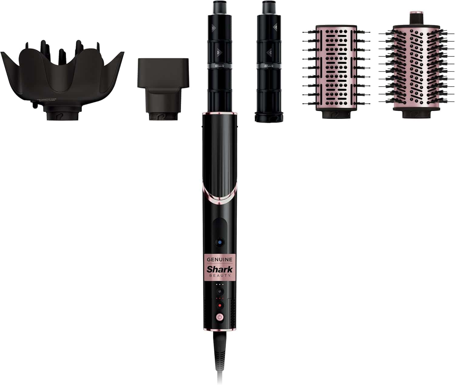 A black and pink Shark hair styling tool with five interchangeable attachments, including brushes and diffusers, arranged above the main device.