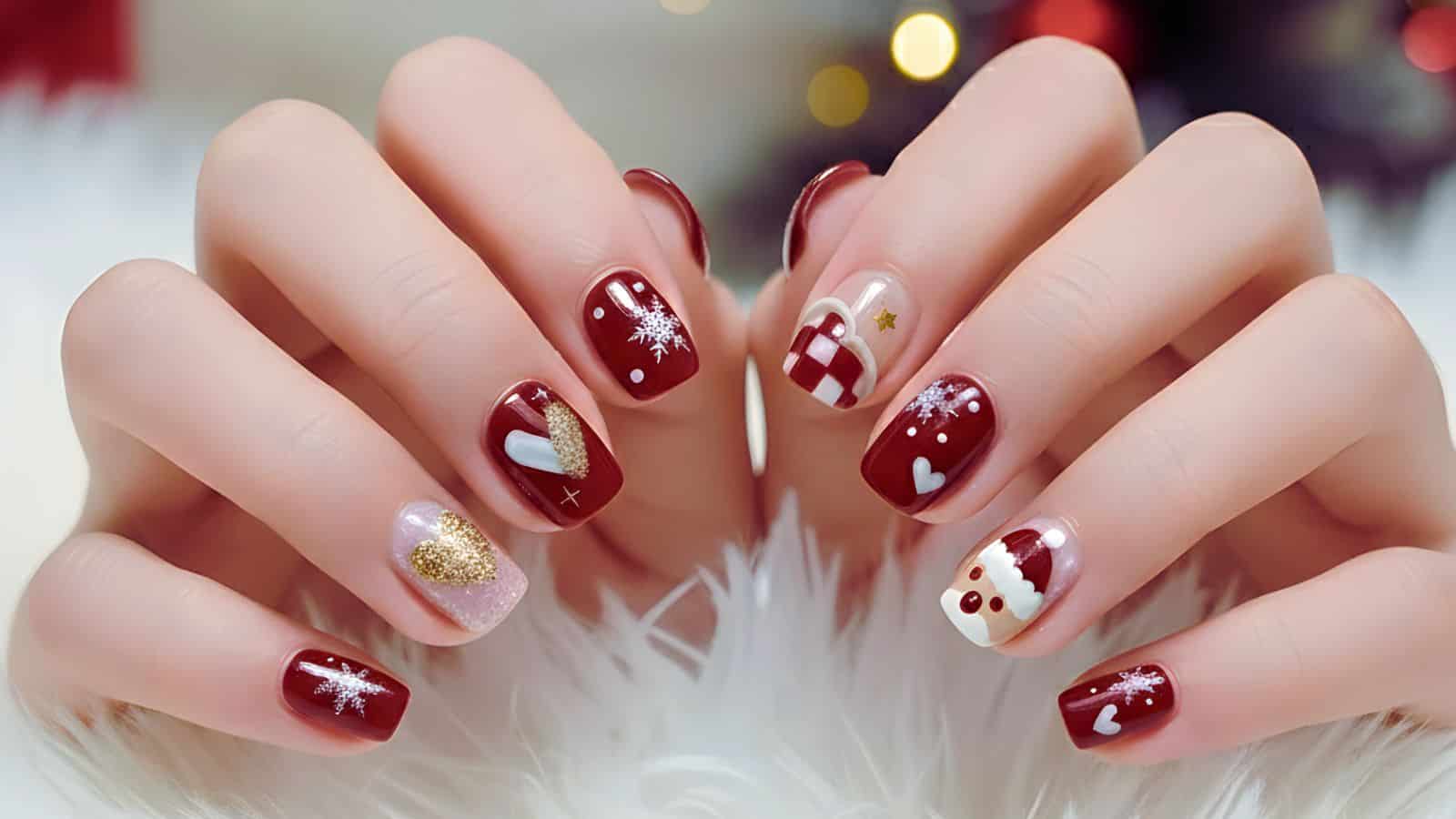 Hands with festive red manicure featuring snowflakes, hearts, gold glitter, a gift box, and a Santa face design on neatly shaped nails.