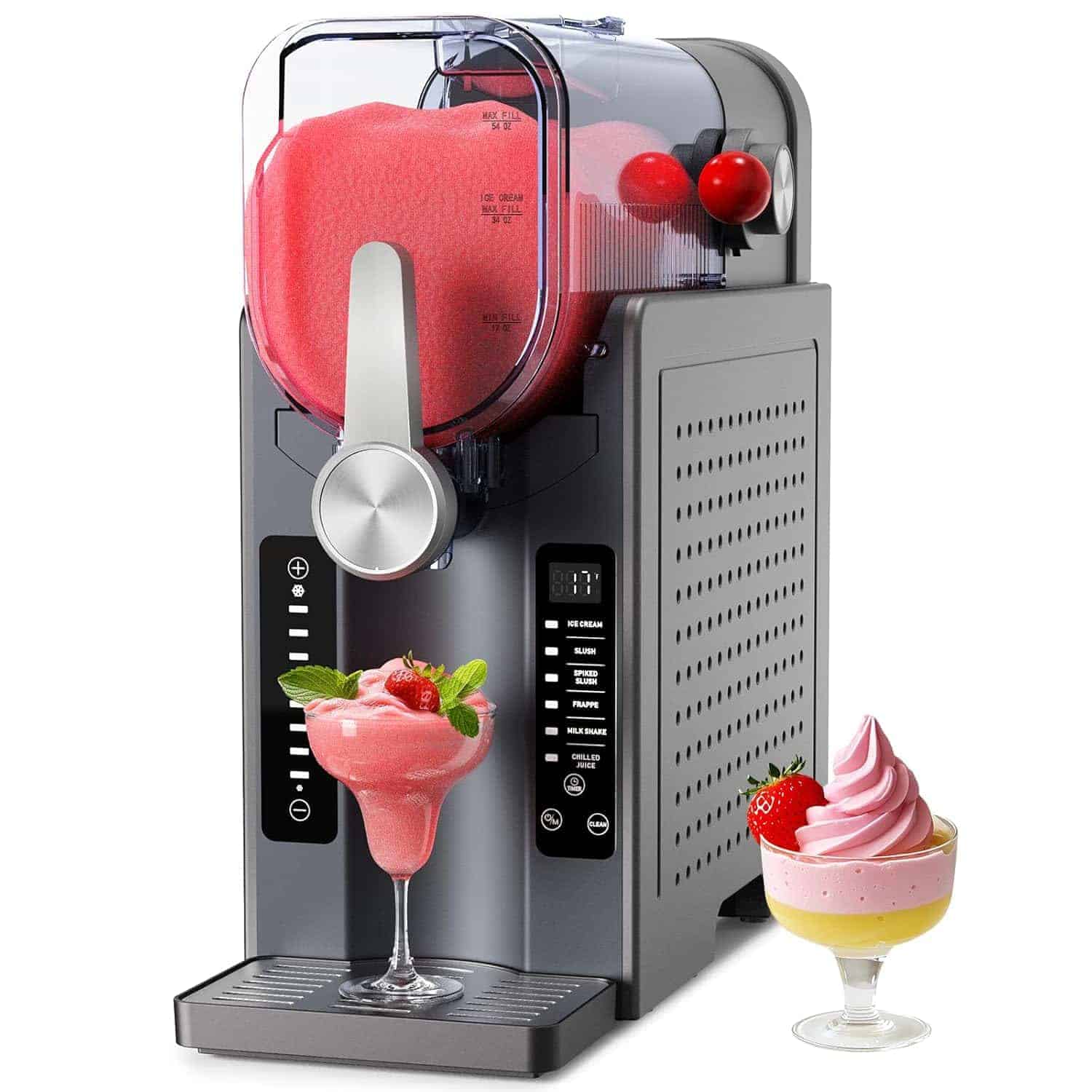 A commercial frozen drink machine dispensing pink slush into a glass, with a finished dessert and a layered soft serve parfait with strawberries beside it.