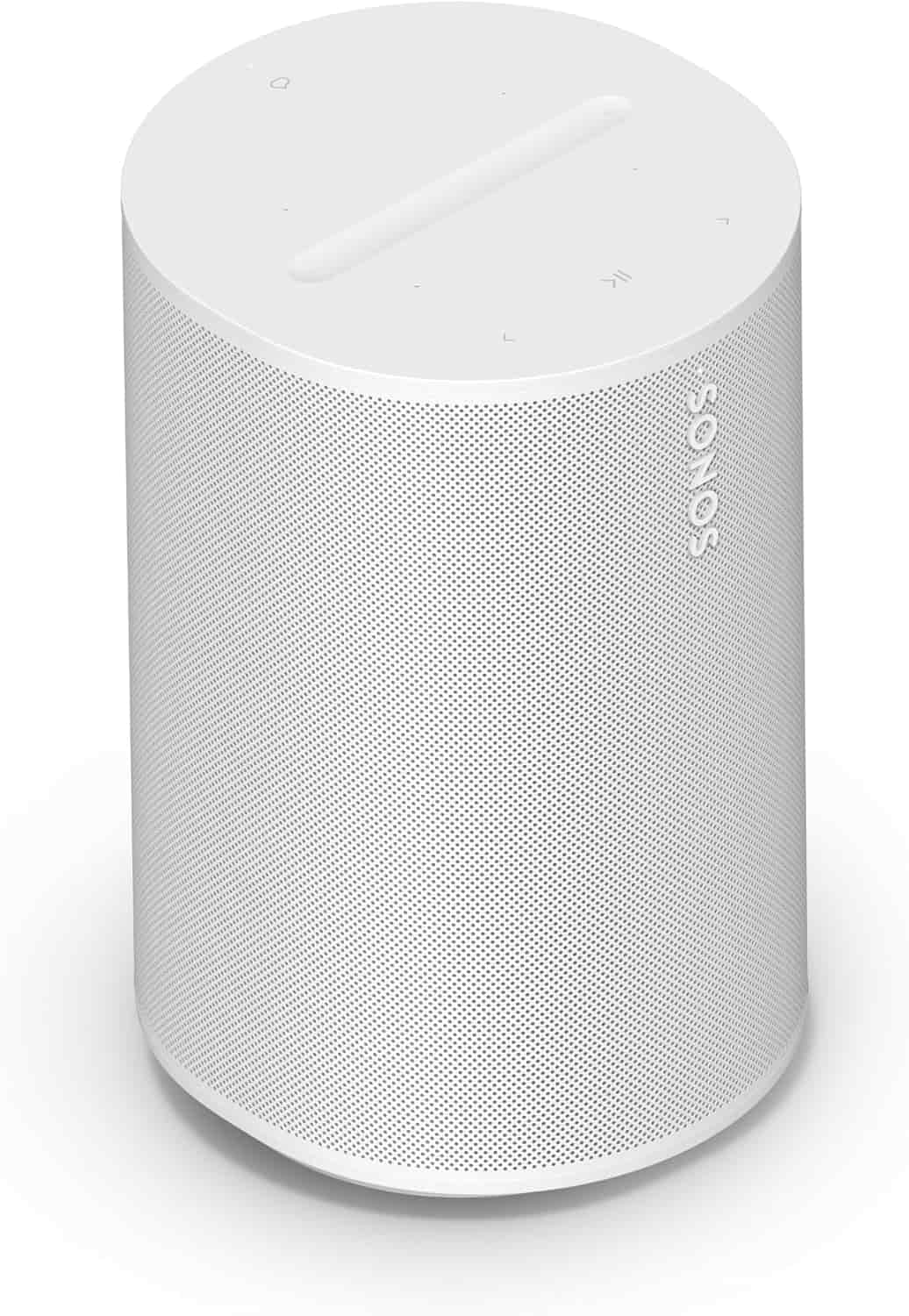 A white Sonos wireless speaker with a cylindrical shape and minimal control buttons on the top surface.