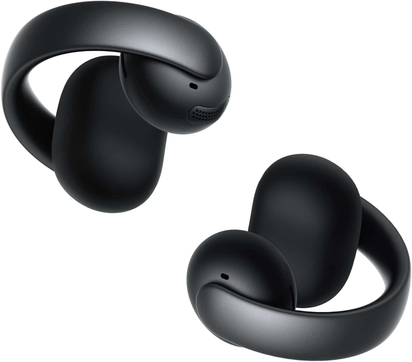 Two black wireless earbuds with a sleek, curved design are shown against a white background.