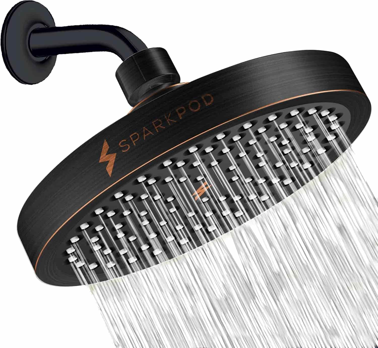 Black round SparkPod showerhead mounted on a wall, spraying multiple streams of water downward.