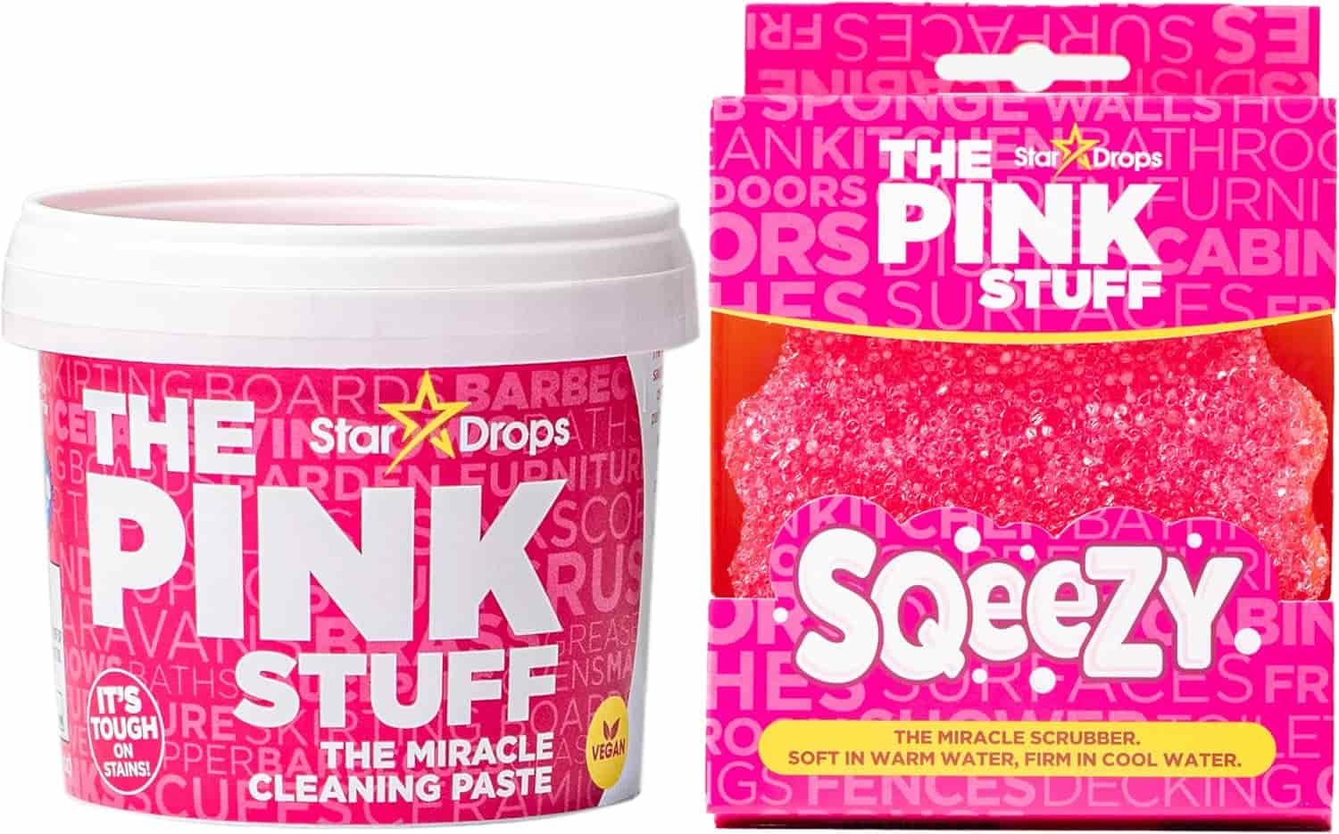Two cleaning products labeled "The Pink Stuff": a tub of "The Miracle Cleaning Paste" and a packaged "Squeezy" scrubber with pink, textured material.