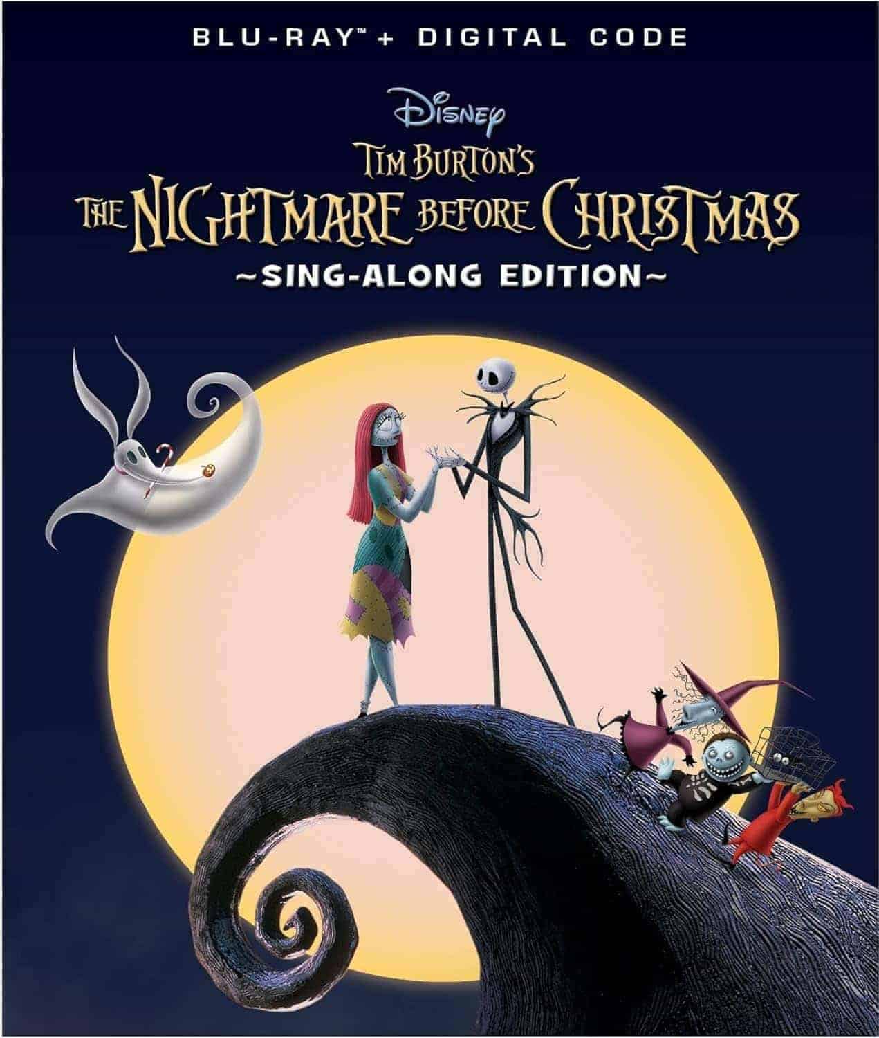 Cover art for "The Nightmare Before Christmas Sing-Along Edition," showing main characters Jack Skellington, Sally, Zero, and others in front of a large yellow moon.