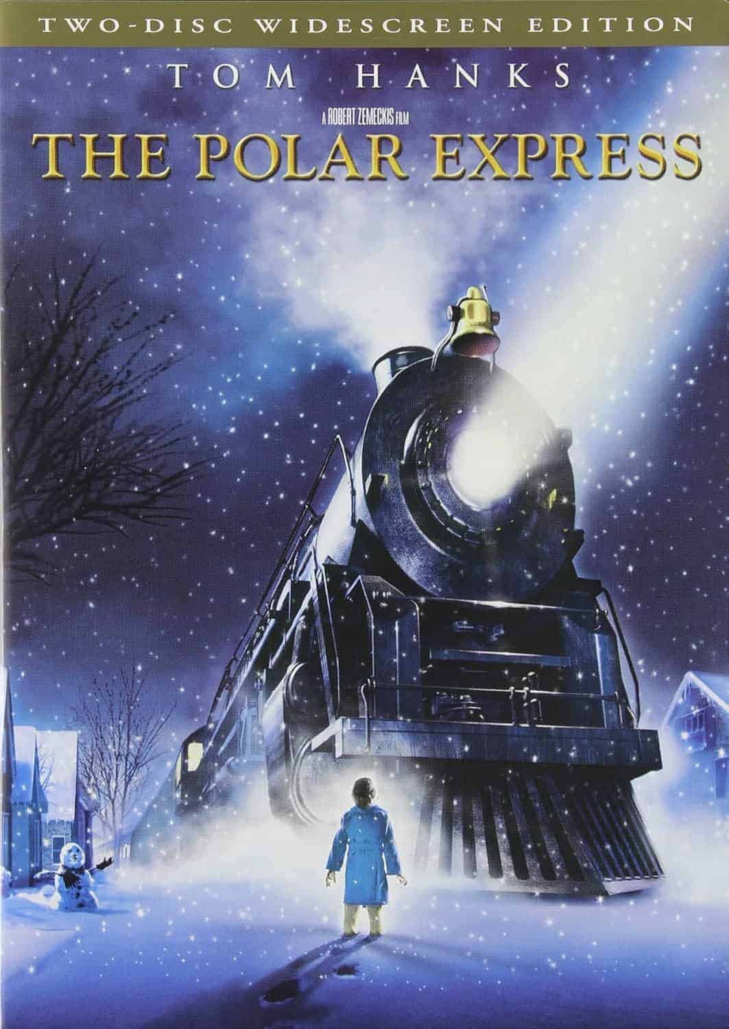 A young child in a blue robe stands in front of a large steam train in snowy nighttime, with "The Polar Express" movie title above.