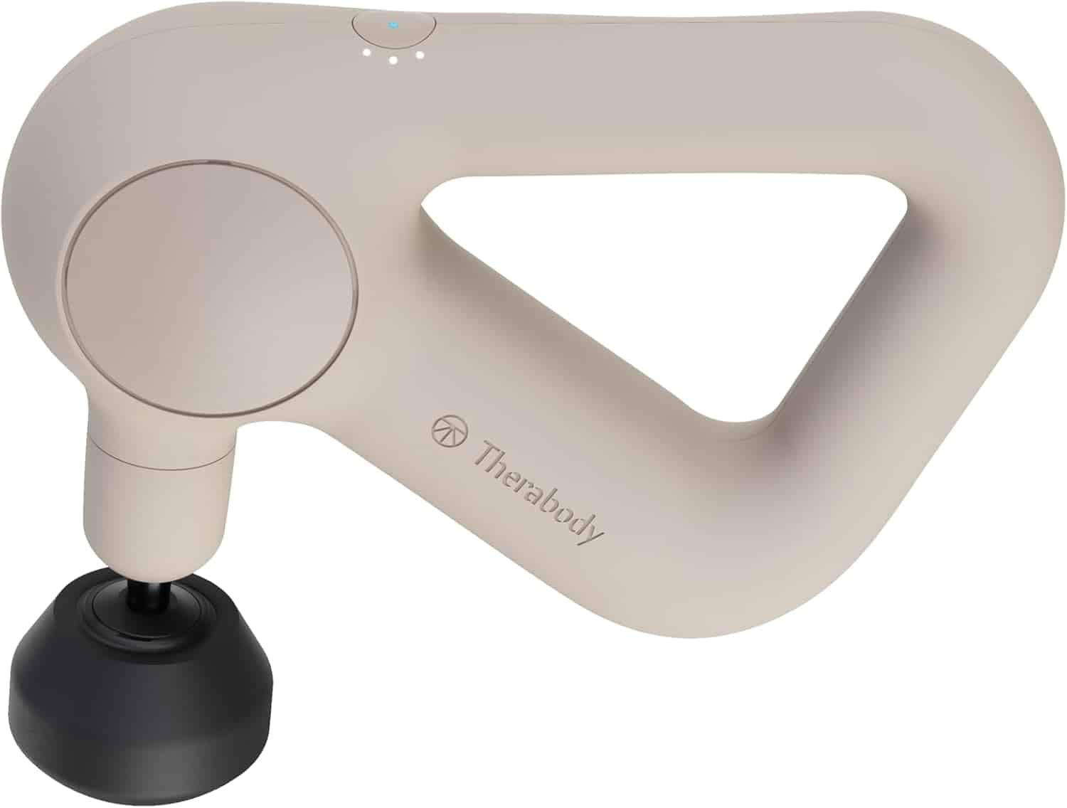A beige Therabody massage gun with a triangular handle and a round black attachment, shown against a plain white background.