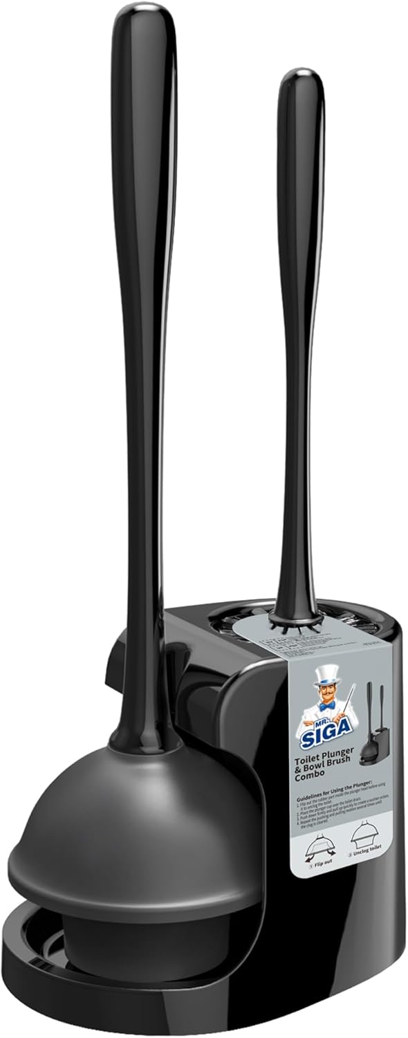 A black toilet plunger and toilet brush set in a matching holder, with a product label attached to the front.