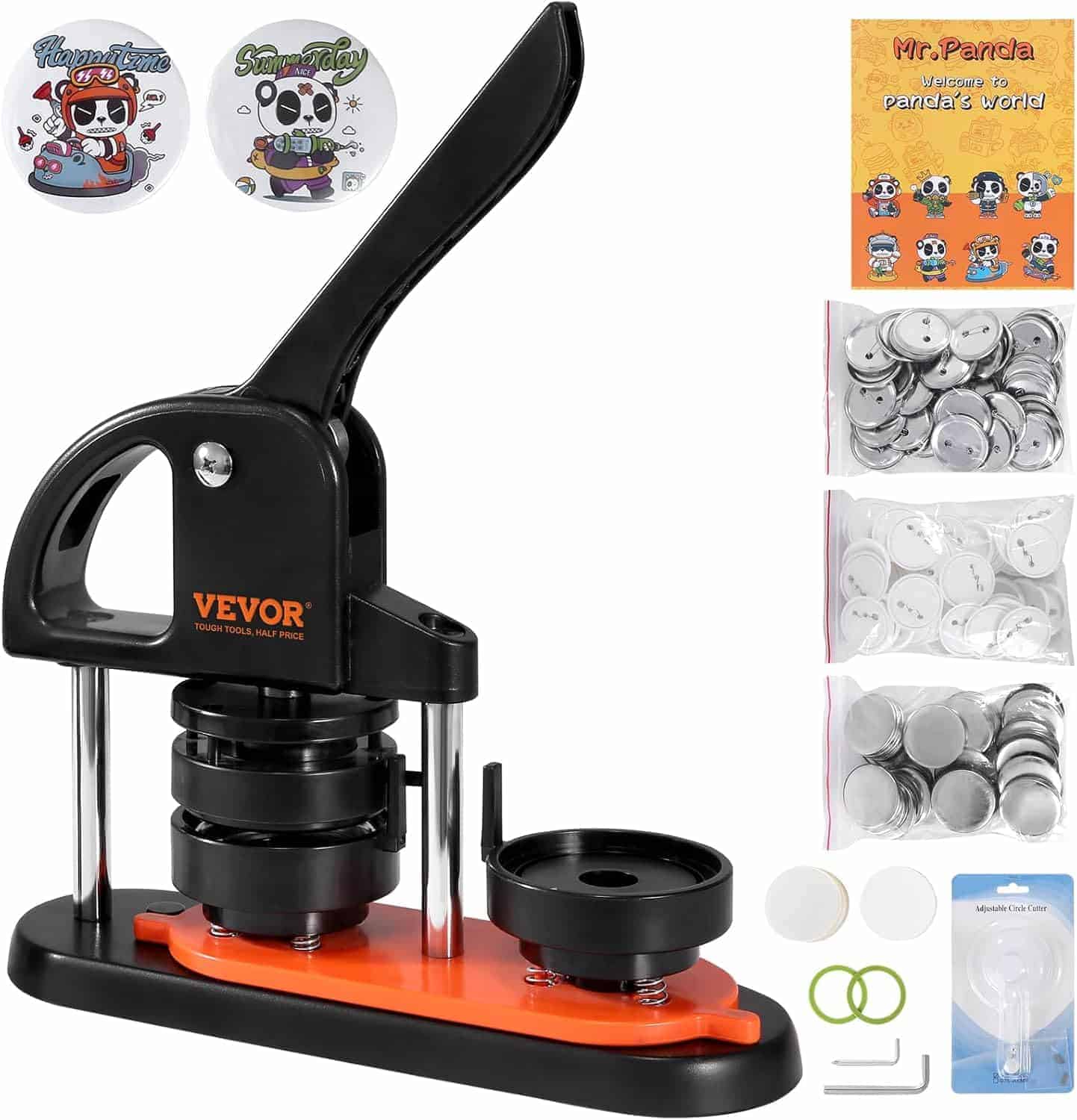 A button maker machine kit with metal button parts, plastic covers, two sample panda buttons, instruction booklet, and assembly tools displayed.