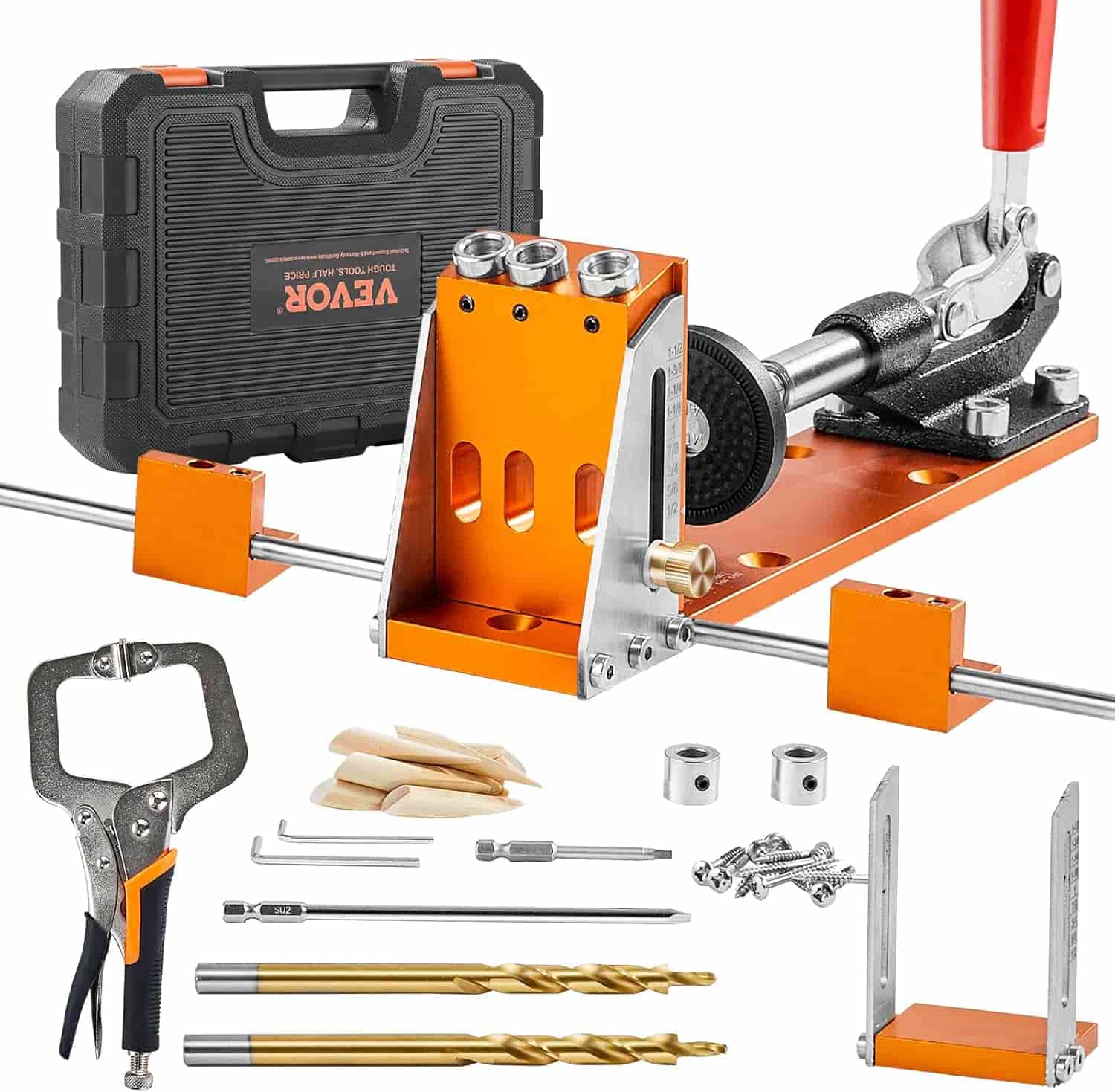 Orange and silver pocket hole jig woodworking kit with clamp, drill bits, screws, wedges, hex keys, accessories, and a black carrying case displayed on a white background.